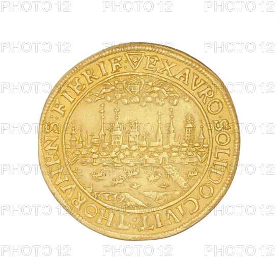Torun donative — 4 ducats by Hans Dawid Lauer (active 1649–1669), 1659. Gold coin (weight 13.85 g) struck as a donative for John II Casimir Vasa (King of Poland, 1609–1672). Obverse: crowned bust of John Casimir facing right within a rim inscription divided at the top by a crown: IOAN:CAS:D:G:REX.POL.ET.SVE.MDLRP. Reverse: view of Torun with the city coat of arms held by angels at top; date and letters at bottom: 16HL59; rim inscription divided at the top by a triangle with an asterisk: *EX AVRO.SOLIDO.CIVIT:THORVNENS:FIERIF:. Style/subject: Polish coin iconography, crowns. Location depicted: Torun, Kuyavian-Pomeranian Voivodeship, Poland.