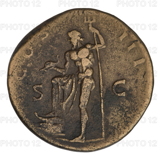 sestertius, Hadrian (76–138; Roman emperor 117–138), Neptune (mythology), laurel wreaths, heads, tridents. Obv.: head of Hadrian in laurel wreath right; rim inscription: HADRIANVS AVGVSTVS. Rev.: Neptune, with foot on the ship's prow, stands turned left with an acrostolium in his right hand and a trident in his left; SC on both sides; rim inscription: COS III. Date: 125–128 AD. Roman Empire (27 BC–476). Rome. Coin. Diameter 33.0–33.8 mm; weight 27.95 g.