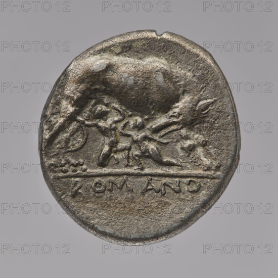 didrachma, Hercules (mythology), head of Hercules, she-wolves, club (attribute), lion's skin (attribute), twins, she-wolf nursing twins (mythology), obv. Head of young Hercules in the right with a club and a lion's skin on the shoulder. Pearl border. Rev. She-wolf nursing twins in the right; under the line the inscription ROMANO. 269 - 266 BC, Roman Republic (505-27 BC), Rome, coin, diameter 19.0 mm, weight 6.95 g, axis 315 degrees
