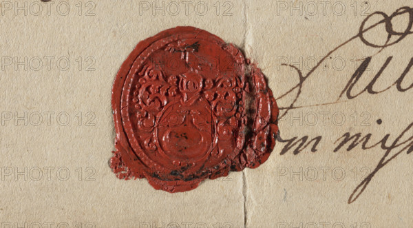 Bill of exchange handwritten by Ludwik Ruppert with a wax seal and signature. Text (translated summary): a payment instruction to pay His Honorable Lord Dembski, Starost of Naklo, Tynfów, three thousand Tynf (3000 Tynf) which Ruppert received in ready money, directing payment to the account. Dated Gdansk, October 8, 1712. Inscription/annotation indicating acceptance and signed Ludwik Ruppert Kommis. Gen. Tes. Reip. Materials: paper, wax seal. Function: bill of exchange / security; handwritten document; early 18th century (1712).