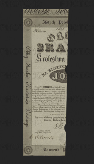 Treasury Bond of the Kingdom of Poland No. 2061 for 1,000 zloty, issued by virtue of the resolutions of His Imperial and Royal Majesty of March 26 / April 7 and July 28 / August 9, 1834, without coupons for collecting interest. Fragment of the bond in Polish. Cancelled. 1834. Kingdom of Poland (1815–1863). Bond, security.