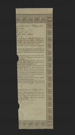 Treasury Bond of the Kingdom of Poland No. 2061 for 1,000 zloty, issued by virtue of the resolutions of His Imperial and Royal Majesty of March 26 / April 7 and July 28 / August 9, 1834; without coupons for collecting interest. Fragment of the bond in Polish. Cancelled. 1834. Kingdom of Poland (1815–1863). Bond, security.