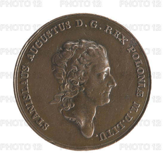 Trial crown thaler, Stanislaw August Poniatowski (King of Poland; 1764–1795). Engraver: Johann Philip Holzhaeusser (1731/1741–1792). Mintmaster: Justyn Schröder (Mitmaster of the Warsaw Mint 1768–1772). Polish-Lithuanian Commonwealth (1569–1795), Warsaw, Poland. Coin (trial/ crown coin), 1771. Obverse: Head of Stanislaw August turned right, divided inscription at bottom: STANISLAUS AUGUSTUS DG REX POLONIAE MDLITU, continuous border; engraver’s signature at neck: IPH. Reverse: Libra, semicircular inscription above: DAT IUSTI PRETIUM, date 1771 below, continuous border. Mint hallmark present. Diameter 40.0 mm; weight 27.51 g.