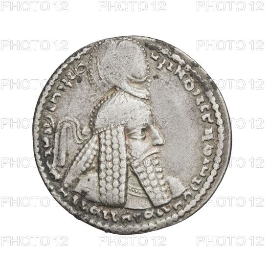 Drachma, Ardashir I (ruler of Persia; 224–242). Obverse: Bust of the king wearing a crown with korymbos, face turned to the right. Legend in Middle Persian, transliterated as: mazdesn bay Ardaširšahan šah Eran ke cihr az yazdan — 'follower of (Ahura) Mazda, divine Ardashir, King of Kings of Iran, who descends from the gods.' Reverse: Fire altar. Inscription in Middle Persian. Sassanid art; Sassanid Kingdom; iconography: korymbos, crown, fire altar, busts. Date: 224–241. Persia (Iran). Coin; diameter 23.0 mm; weight 4.27 g.