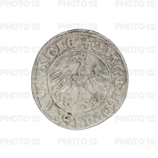 Lithuanian half-grosz, Sigismund I the Old (king of Poland; 1506–1548). Obverse: Pogon (Lithuanian coat of arms) turned left; in the rim between pearl borders an inscription: + COIN:SIGISMVNDI:1511:. Reverse: Polish crowned eagle; in the rim between the pearl borders the inscription: + MAGNI:DVCIS:LITVANIE:. Dated 1511. Grand Duchy of Lithuania. Coin. Diameter c.19.4–20.2 mm. Weight 1.13 g.