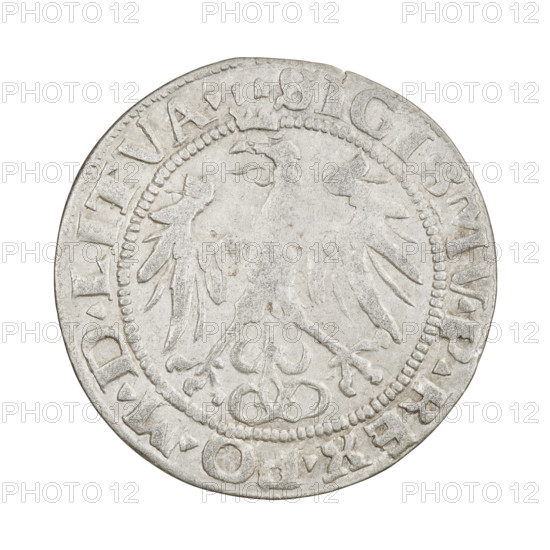 Lithuanian grosz, Sigismund I the Old (King of Poland; 1506–1548), R3 (rarity). Obverse: crowned Polish Eagle; rim inscription between pearl-shaped borders: SIGISMV.P.REX.PO.MDLITVA. Reverse: Pursuer (emblem) turned left; below the year 1536; rim inscription between pearl-shaped borders divided at the bottom by the Columns' coat of arms: MONETA.MAG - DVCA.LITVA. 1536. Jagiellon dynasty; emblems: Eagle, Pursuer. Grand Duchy of Lithuania (Vilnius), Poland. Coin; diameter approx. 25.2–25.5 mm; weight 2.24 g.