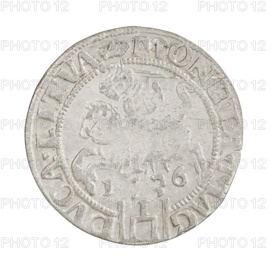 Lithuanian grosz, Sigismund I the Old (King of Poland; 1506–1548), R3 (rarity). Obverse: Polish crowned eagle; rim between pearl-shaped borders with inscription SIGISMV.P.REX.PO.MDLITVA. Reverse: Pursuer turned left, below the year 1536; rim between pearl-shaped borders with inscription divided at the bottom by the Columns' coat of arms: MONETA.MAG - DVCA.LITVA. 1536. Emblems: Eagle, Pursuer (Lithuania). Jagiellon dynasty. Grand Duchy of Lithuania (Vilnius), Poland. Coin, diameter 25.2–25.5 mm, weight 2.24 g.