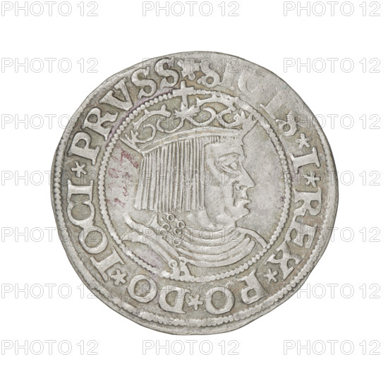 Prussian grosz, Sigismund I the Old (King of Poland; 1506–1548), R1 (rarity), R8 (rarity), eagles, Polish coins, Jagiellonians (dynasty), coats of arms, Eagle (coat of arms), royal bust (iconographic), Sigismund I the Old (King of Poland; 1467–1548) - iconography, male busts. Obv.: Crowned male bust in profile turned to the right; in the rim between the pearl borders an inscription: S.SIREX.PO.DO.TOCI.PRVSS. Rev.: The Eagle of Royal Prussia; in the rim between the pearl borders the inscription: .GROSS.COMV.TERR.PRVSS.1530. Date: 1530. Place: Torun, Poland. Coin; diameter 22.5–23.0 mm; weight 2.01 g.