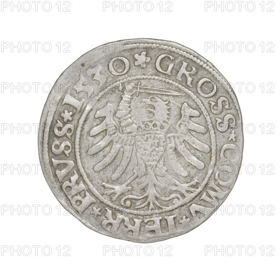 Prussian grosz, Sigismund I the Old (King of Poland; 1506–1548), R1 (rarity), R8 (rarity), eagles, Polish coins, Jagiellonians (dynasty), coats of arms, Eagle (coat of arms), royal bust (iconographic), Sigismund I the Old (King of Poland; 1467–1548) - iconography, male busts. Obv.: Crowned male bust in profile turned to the right; in the rim between the pearl borders an inscription: S.SIREX.PO.DO.TOCI.PRVSS. Rev.: The Eagle of Royal Prussia; in the rim between the pearl borders the inscription: .GROSS.COMV.TERR.PRVSS.1530. 1530. Poland, Torun. Coin. Diameter 22.5–23.0 mm. Weight 2.01 g.
