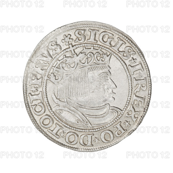 Prussian grosz, Sigismund I the Old (King of Poland; 1506–1548), 1532. Obverse: crowned male bust in profile facing right with rim inscription .SIGIS.I.REX.PO.DO.TOCI.PRVS. Reverse: the Eagle of Royal Prussia with rim inscription .GROSS.COMV.TERR.PRVSS.153Z. Attributes: Polish coin, Jagiellon dynasty, emblems, eagle emblem, royal bust; iconography of Sigismund I the Old (1467–1548). Minted in Torun; diameter ~23.2–23.4 mm, weight 2.04 g.