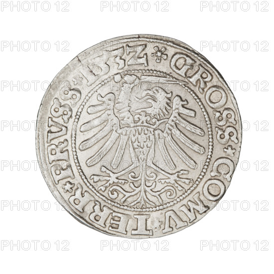 Prussian grosz, Sigismund I the Old (King of Poland; reign 1506–1548). Obverse: crowned male bust in profile turned to the right; rim inscription: .SIGIS.I.REX.PO.DO.TOCI.PRVS Rw. Reverse: Eagle of Royal Prussia; rim inscription: .GROSS.COMV.TERR.PRVSS.153Z. Date: 1532. Place: Torun, Poland. Material: coin. Diameter: 23.2–23.4 mm. Weight: 2.04 g. Subjects/emblems: eagles, Jagiellon dynasty emblems, royal bust; iconography of Sigismund I the Old; male busts.