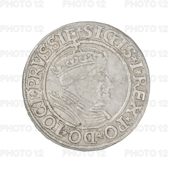 Prussian grosz, Sigismund I the Old (King of Poland; 1506–1548), R1 (rarity). Obverse: Crowned male bust in profile turned to the right; in the rim between pearly borders an inscription: .SIGIS.I.REX.PO.DO.TOCI.PRVSSIE. Reverse: The Eagle of Royal Prussia; in the rim between the pearl borders the inscription: .GROSS.COMV.TERR.PRVSSIE. Date: 1534. Subject/iconography: eagles, coats of arms, royal bust, male busts, Jagiellonians (dynasty). Material/format: coin; Prussian grosz. Place: Poland, Torun. Dimensions: diameter ~23.2–23.7 mm; weight 1.9 g.