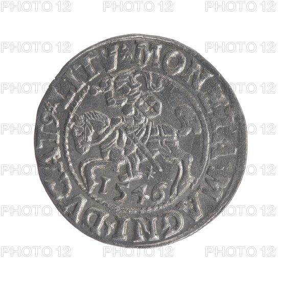 Lithuanian half-grosz, Sigismund II Augustus (King of Poland; 1544–1572), good condition, rarity R3; emblems of the Jagiellon dynasty; Polish coins; Eagles; Pogon (Lithuanian coat of arms). Obverse: Polish Eagle, in the rim between pearly borders an inscription: .SIGIS.AVG.REX.PO.MAG.DVX.L. Reverse: Lithuanian Pogon, below the year 1546, in the rim between pearly borders an inscription: .MONETA.MAGNI.DVCAT9.LITV. Dated 1546, Grand Duchy of Lithuania (Vilnius). Coin; diameter 19.6–20.0 mm; weight 1.22 g.