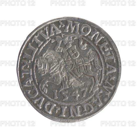 Lithuanian half-grosz, Sigismund II Augustus (King of Poland; 1544–1572), very good condition, R1 rarity. Obverse: Polish Eagle; in the rim between pearly borders the inscription: .SIGIS.AVG.REX.PO.MAG.DVX.LI. Reverse: Lithuanian Pogon, below the year 1547; in the rim between pearly borders the inscription: .MONETA.MAGNI.DVCAT9.LITVA. Dated 1547. Grand Duchy of Lithuania (Vilnius). Coin, diameter 19.8–20.0 mm, weight 1.11 g. Coats of arms: Jagiellons dynasty, eagles, Pogon.