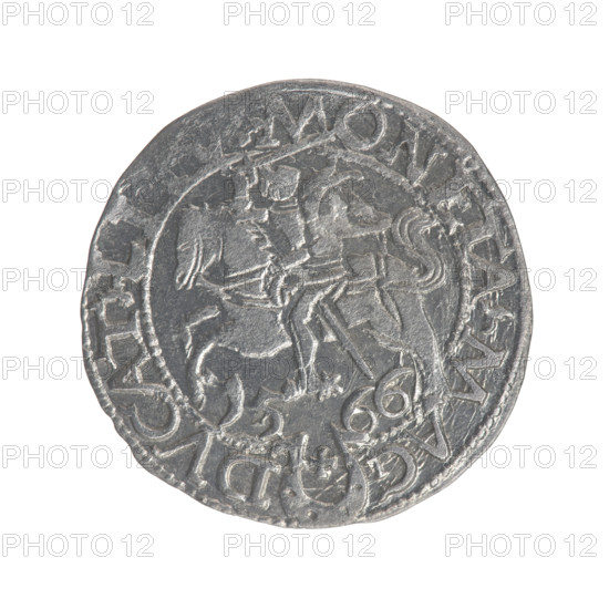 Lithuanian half-grosz, Sigismund II Augustus (King of Poland; 1544–1572), Myszkowski, Stanislaw (?-1570); emblems of the Jagiellons; Polish coin featuring eagles and the Lithuanian Pogon. Obv.: Polish Eagle; in the rim between pearl-shaped borders an inscription: GIS.AVG.DGREX.POLO.MD. Rev.: Lithuanian Pogon, below year 15-66; in the rim between pearl-shaped borders an inscription divided by the Jastrzebiec coat of arms: .MONETA.MAG - DVCAT.LITV. Date: 1566. Grand Duchy of Lithuania, Tykocin, Poland. Coin; diameter 19.0–19.5 mm; weight 1.28 g.