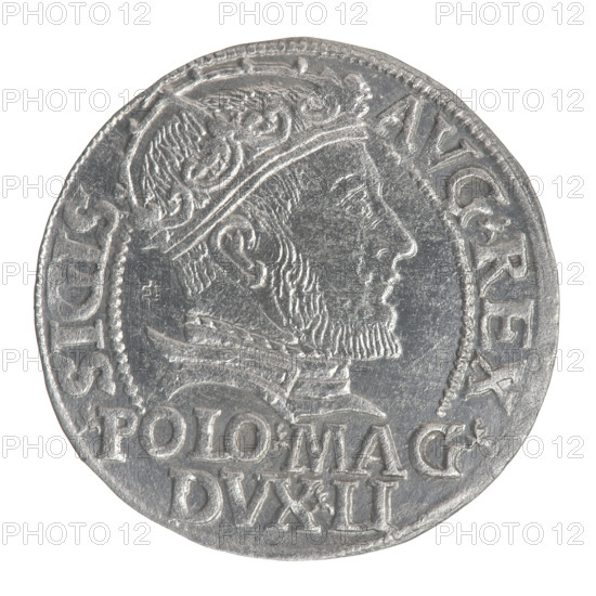 Lithuanian grosz on a Polish foot, Sigismund II Augustus (King of Poland; 1544–1572). Obverse: Crowned male bust in armour turned right, separating the inscription in a half-circle at the top: SIGIS · AVG · REX; at the bottom in two lines: · POLO · MAG / DVX · LI. Reverse: Lithuanian Chaser turned left; below, under the crown dividing the date 15 - 46, a tied monogram composed of the letters SA and the coat of arms Columns (Columns of Giedymina) that divide the inscription in the rim: MONETA · MAGNI · DVC · LITVA. Tied monogram (type) SA. Jagiellonian dynasty; royal busts; monograms. 1546. Grand Duchy of Lithuania, Vilnius. Coin. Diameter 22.4–22.8 mm; weight 1.94 g.