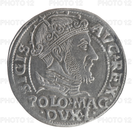 Lithuanian grosz on a Polish foot, Sigismund II Augustus (King of Poland; 1544–1572). Polish coin, 1548. Obverse: Crowned male bust in armor turned right, inscription SIGIS-AVG.REX above; at bottom in two lines POLO.MAG. / DVX.L. Reverse: Lithuanian Pogon (coat of arms) turned left, below a crown dividing the date 15–48, tied monogram composed of letters SA and the Columns of Gediminas (coat of arms of Lithuania), rim inscription MONETA.MAGNI.DVCA.LITVA. Diameter c. 22.7–23.0 mm; weight 2.06 g.