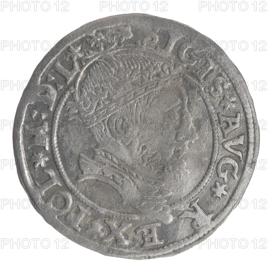 Lithuanian grosz, 1545. Obverse: crowned male bust in armour facing right, rim inscription divided at top by a crown cross and at bottom by armour: .SIGIS.AVG.R - EX.POL.M:D:L. Reverse: Lithuanian Pogon (Pursuit) facing left, Column of Gediminas coat of arms below and the date 15 - 45, rim inscription: .MONETA.MAG. - .DVC:LITVA. Maker/issuer: Sigismund II Augustus (King of Poland, 1544–1572; b.1520–d.1572). Origin: Vilnius, Grand Duchy of Lithuania (Poland–Lithuania). Coin; diameter ~24.8–25.3 mm; weight 2.09 g.