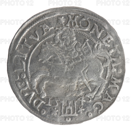 Lithuanian grosz on a Lithuanian foot, Sigismund II Augustus (King of Poland; 1544–1572). Obverse: crowned male bust in armour, profile right; rim inscription divided by a crown cross and armour: .SIGIS.AVG.R - EX.POL.M:D:L. Reverse: Lithuanian Pursuit (Pogon) facing left, Columns of Gediminas coat of arms below, date 1545; rim inscription: .MONETA.MAG. - .DVC:LITVA. 1545. Coin of the Grand Duchy of Lithuania (Vilnius, Poland); diameter ~24.8–25.3 mm; weight 2.09 g.