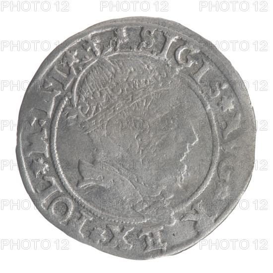 Lithuanian grosz on a Lithuanian foot, Sigismund II Augustus (King of Poland; 1544–1572), coats of arms, Jagiellonians (dynasty), royal bust, Polish coins, Sigismund II Augustus (King of Poland; 1520–1572) - iconography, male busts, Columns of Gediminas (coat of arms), Pogon (coat of arms; Lithuania). Obverse: Crowned male bust in armour with profile turned to the right; rim inscription divided at top by a crown cross and at bottom by armour: .SIGIS.AVG.R - EX.POL.M:, .L. Reverse: Lithuanian Pahonia facing left, below the date 15-45 and a shield with the Columns coat of arms dividing the rim inscription: SI, VG.REX. - POL.MA.DVX.L. 1545. Grand Duchy of Lithuania. Coin. Diameter 24.4–24.8 mm, weight 2.22 g.