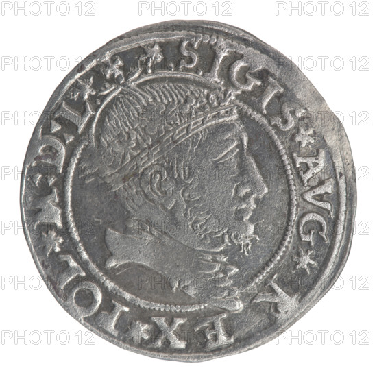Lithuanian grosz per Lithuanian foot, Sigismund II Augustus (King of Poland; 1544–1572); coats of arms; Jagiellonians (dynasty); Polish coins; royal bust; Sigismund II Augustus (King of Poland; 1520–1572) — iconography; Columns of Giedyminus (coat of arms of Lithuania); Pogon (coat of arms; Lithuania); male busts. Obverse: Crowned male bust in armour with profile turned to the right; rim inscription divided at the top by a crown cross and at the bottom by armour: .SIGIS.AVG.R - EX.POL.M:D:L. Reverse: Lithuanian Pursuit (Pogon) facing left; below the Column coat of arms and the date 15 - 45; rim inscription: .MONETA:MAG. - .DVC:LITVA. 1545. Minted in Vilnius, Grand Duchy of Lithuania. Coin; diameter 24.6–25.0 mm; weight 2.42 g.