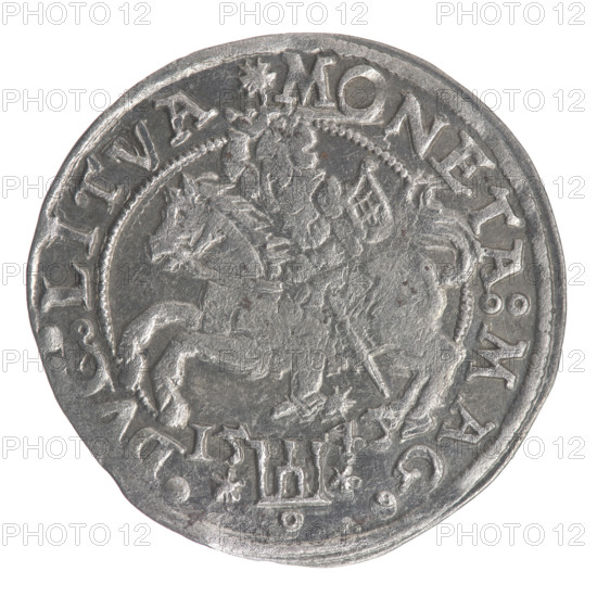 Lithuanian grosz per Lithuanian foot, Sigismund II Augustus (King of Poland; 1544–1572). Obverse: crowned male bust in armour facing right; rim inscription divided at top by a crown cross and at bottom by armour: .SIGIS.AVG.R - EX.POL.M:D:L. Reverse: Lithuanian Pursuit (Pogon) facing left, below the Columns of Gediminas coat of arms and the date 15 - 45; rim inscription: .MONETA:MAG. - .DVC:LITVA. 1545. Vilnius, Grand Duchy of Lithuania. Coin; diameter 24.6–25.0 mm; weight 2.42 g.