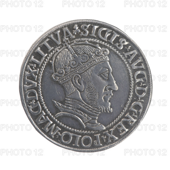 Lithuanian sixer, Sigismund II Augustus (King of Poland; 1544–1572), Jagiellonians (dynasty). Polish coin depicting a royal crowned male bust in armour turned right (obverse) with inscription around: .SIGIS.AVG.DGREX.POLO.MAG.DVX.LITVA. Reverse: under the ducal mitre a shield with the Lithuanian Pahonia and the year 1547; on the sides of the shield the denomination V - I; rim inscription: GROSS.AR.SEXDVP.MAG.DVCAT9.LITVAN. Dated 1547. Grand Duchy of Lithuania (Vilnius). Coin diameter c. 28.3–28.7 mm, weight 5.29 g.