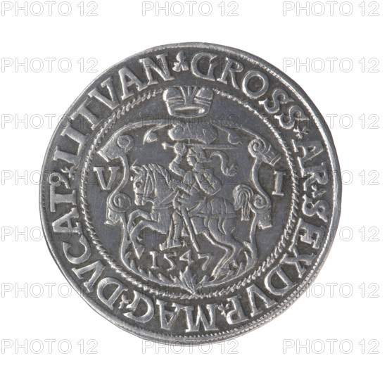Lithuanian sixer, Sigismund II Augustus (King of Poland; 1544–1572), Jagiellonian dynasty; royal bust coin. Obverse: crowned male bust in armour turned right, inscription around: .SIGIS.AVG.DGREX.POLO.MAG.DVX.LITVA. Reverse: under the ducal mitre a shield with the Lithuanian Pahonia and the year 1547; on the sides of the shield the numeral V - I; rim inscription: GROSS.AR.SEXDVP.MAG.DVCAT9.LITVAN. Date: 1547. Region: Grand Duchy of Lithuania / Poland. Diameter about 28.3–28.7 mm. Weight 5.29 g.