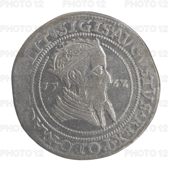Lithuanian sixer, Sigismund II Augustus (king of Poland; 1544–1572). Coats of arms: Jagiellonians (dynasty), Pogon (Lithuania), Giedyminus Columns. Royal crowned male bust in armor facing right, dividing year 15 - 6Z, inscription around rim: .SIGIS.AV, STVS.REX.POLO.MA, IT. Reverse: Lithuanian Pursuit facing left, below the value number VI and the Column coat of arms dividing the inscription around the rim: .GROSSVS.SEXDVP -, AG.DVCAT.LITVA, 1562. Iconography: Sigismund II Augustus (1520–1572) — male bust. Grand Duchy of Lithuania, Vilnius, Poland. Coin; diameter 31.0–31.5 mm; weight 14.24 g.