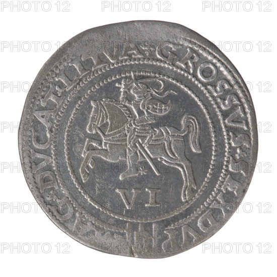 Lithuanian sixer, Sigismund II Augustus (king of Poland; 1544–1572). Coats of arms: Jagiellonians (dynasty), Pogon (coat of arms; Lithuania), Giedyminus Columns (coat of arms). Royal crowned male bust in armor facing right; inscription around the rim: .SIGIS.AVSTVS.REX.POLO.MAIT Rw. (dividing year 15 - 6Z). Reverse: Lithuanian Pursuit facing left, below the value number VI and the Column coat of arms; inscription around the rim: .GROSSVS.SEXDVP-AG.DVCAT.LITVA. Date: 1562. Grand Duchy of Lithuania, Vilnius, Poland. Coin (Polish), diameter 31.0–31.5 mm, weight 14.24 g.