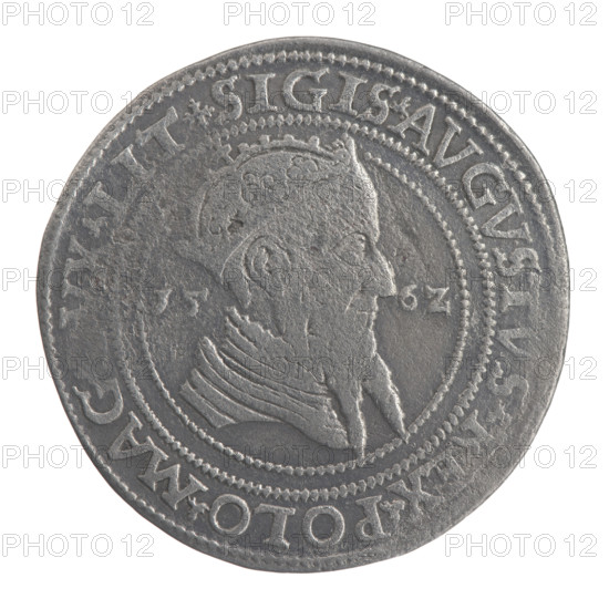 Lithuanian sixer, Sigismund II Augustus (king of Poland; 1520–1572) - royal bust; coats of arms: Pogon (Lithuania), Giedyminus Columns (coat of arms); obverse: a crowned male bust in armor facing right, dividing the year 15 - 6Z, with inscription around: .SIGIS.AVGVS.VS., EX.POLO.MAG., .LIT; reverse: Lithuanian Pursuit facing left, below the value number VI and the Column coat of arms dividing the inscription around it: SSVS.SEXDVPL - MAG.DVCAT.LITVA; date: 1562; Grand Duchy of Lithuania (Vilnius, Poland); coin (Polish), diameter 31.5–31.9 mm, weight 14.78 g.