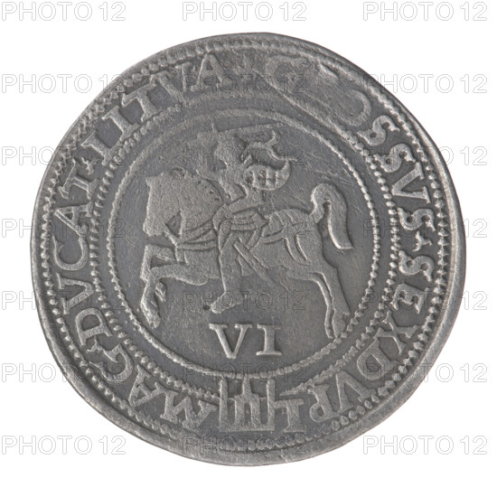 Sixer coin of Sigismund II Augustus (king of Poland; 1544–1572). Obverse: crowned male bust in armor facing right, dividing the date 15—62, with inscription '.SIGIS.AVGVS.VS.EX.POLO.MAG.LIT.' Reverse: Lithuanian Pursuit (Pogon) facing left, below value numeral VI and the Columns of Gediminas coat of arms, dividing inscription 'SSVS.SEXDVPL-MAG.DVCAT.LITVA.' Dated 1562. Grand Duchy of Lithuania (Vilnius). Polish–Lithuanian coin; diameter ~31.5–31.9 mm; weight 14.78 g. Subjects/iconography: royal bust, Pogon, Giedyminus (Gediminas) Columns; male busts; Polish coins; Sigismund II Augustus iconography.