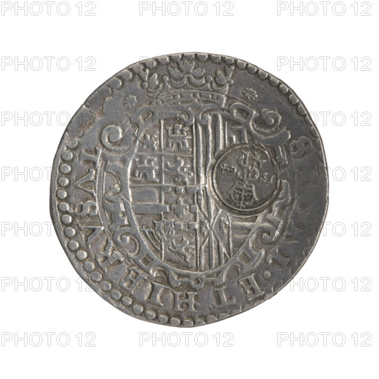 Lithuanian half-thaler (mezzo ducato with countersignature), Sigismund II Augustus (King of Poland; 1544–1572), countersignature by Ravaschiero, Giovanni Battista (fl. 1525–1560), publisher; mezzo ducato associated with Philip II Habsburg (King of Naples and Sicily; 1554–1598) and publisher Porzio, Vincenzo (fl. 1555–1587). Habsburgs and Jagiellonians coats of arms. Numismatic object with countermarks and countersignatures; Polish coin motifs including male busts, crowned multi-field coat of arms. Obverse: male bust in armour turned right, rim inscription '.PHILIPP.REX. ARAGON.VTRI.', left field with tied monograms IBR and below VPR (mintmaster and warden). Crowned oval decorative multi-field coat of arms, rim inscription 'SICIL.ET HIERVSAL.' Reverse: countersignature of King Sigismund Augustus—tied monogram SA in rim under the crown dividing the year 15–64. Dates associated: 1554–1560/1564. Places associated: Poland, Grand Duchy of Lithuania, Kingdom of Naples. Coin; diameter c. 34–35...