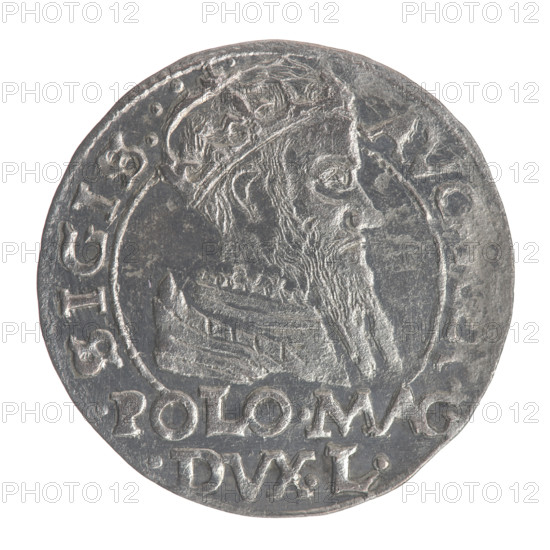 Lithuanian grosz on a Polish foot, Myszkowski, Stanislaw (?-1570); Sigismund II Augustus (King of Poland; 1544–1572); Polish coins; Jagiellon dynasty; coats of arms; Pogon (coat of arms; Lithuania); male busts; royal bust; Sigismund II Augustus (King of Poland; 1520–1572) — iconography; monograms; tied monograms; monogram SA. Obv.: Crowned male bust in armour turned right, separating the inscription in a half-circle at the top: SIGIS-AV; at the bottom horizontally in two lines: .POLO.MAG./.DVX.L. Rev.: Lithuanian Pursuit facing left, below a crown dividing the date 15-66; a monogram consisting of the letters SA and the Jastrzebiec coat of arms, which divide the inscription in the rim: MONETA.MAGNI.DVCA.LITV. Date: 1566. Grand Duchy of Lithuania, Tykocin, Poland. Coin; diameter 22.0–22.3 mm; weight 1.87 g.