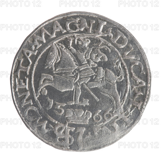 Lithuanian grosz on a Polish foot, Myszkowski, Stanislaw (?-1570); Sigismund II Augustus (King of Poland; 1544–1572). Polish coin, 1566. Obverse: Crowned male bust in armour turned right, separating the inscription in a half-circle at the top: SIGIS - AV; at the bottom horizontally in two lines: .POLO.MAG./.DVX.L. Reverse: Lithuanian Pogon (Pursuit) facing left, below a crown dividing the date 15 - 66; a monogram consisting of the letters SA and the Jastrzebiec coat of arms, which divide the rim inscription: MONETA.MAGNI.DVCA.LITV. Monograms: tied monogram SA. Diameter approx. 22.0–22.3 mm; weight 1.87 g. Grand Duchy of Lithuania; Tykocin; Jagiellon dynasty; iconography: royal/male busts, coats of arms.