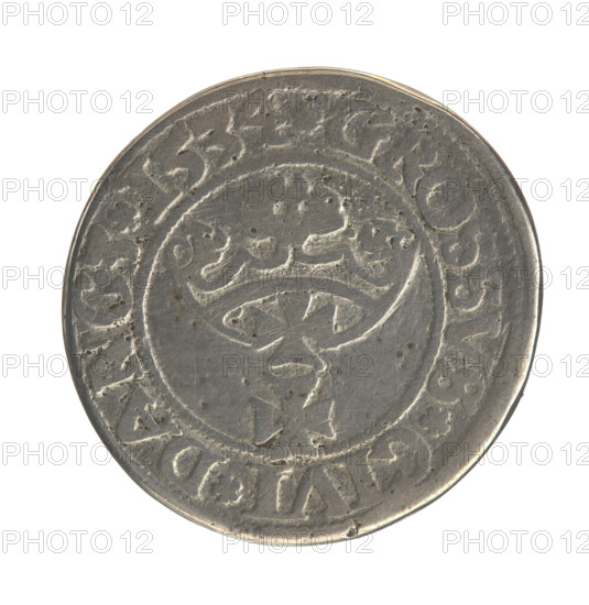 Gdansk grosz - piefort, Sigismund I the Old (King of Poland; 1506–1548). Polish coin, Jagiellon dynasty. Obverse: Crowned male bust in profile turned to the right; rim between pearl-shaped borders with inscription '.SIGIS.I.REX.PO.DO.TOCI.PR'. Reverse: Coat of arms of Gdansk; rim between pearl-shaped borders with inscription '.GROSSVS.CIVI.DANCZ.1534'. Date: 1534. Place: Gdansk, Poland. Diameter: 22.6–22.8 mm. Weight: 11.02 g.
