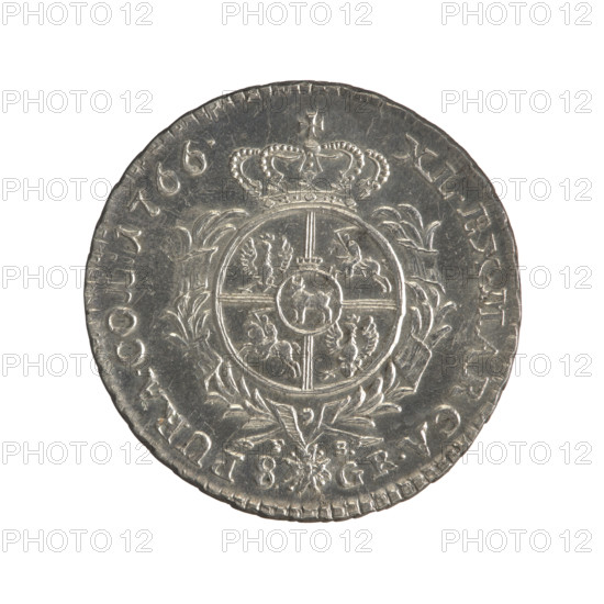 2 gold crown coins, Sylm, Frederick (1765–1767), Stanislaw August Poniatowski (King of Poland; 1764–1795), Polish coins, Crown coins, Stanislaw August Poniatowski — iconography, portraits of rulers, coats of arms, multi-field coats of arms, coats of arms under a crown, coats of arms, orders, Order of the White Eagle. Obverse: Head of Stanislaw August, inscription around the rim: STANISLAUS AUG. D. G. REX POL. M. D. L.; pearl border. Reverse: Under the crown, in a wreath, a round five-field coat of arms with the coats of arms of Poland (Orzel), Lithuania (Pogon) and the Poniatowski coat of arms (Ciolek); around it a wreath with the Order of the White Eagle; on the sides the letters F, -S. and 8.GR.; in the rim an inscription: XL.EX.MARCA, -PURA.COL:1766.; pearl border; decorative edge. 1766, Polish–Lithuanian Commonwealth (1569–1795), Warsaw, Poland. Coin diameters 29.2 mm and 29.7 mm; weight 9.27 g.