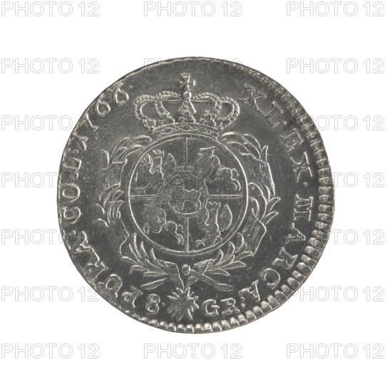 2 gold crown coins, Stanislaw August Poniatowski (King of Poland; 1732–1798 / reign 1764–1795). Obverse: head of Stanislaw August, inscription around the rim: STANISLAUS AUG.DGREX POL.MDL, pearl border. Reverse: under a crown, in a wreath, a round five-field coat of arms with the coats of arms of Poland (eagle), Lithuania (Pogon) and the Poniatowski coat of arms (Ciolek), around the wreath the Order of the White Eagle, denomination 8.GR. at the sides, inscription around the rim: XL.EX.MARCA.-PURA.COL:1766., pearl border; decorative edge. 1766; Polish–Lithuanian Commonwealth; Warsaw, Poland. Coin diameters 28.4 mm and 28.6 mm; weight 9.02 g.