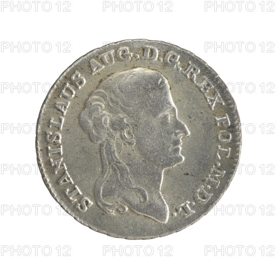 2 gold crown coins, Stanislaw August Poniatowski (King of Poland; 1732–1798), Polish crown coins. Obv.: Head of Stanislaw August, inscription around the rim: STANISLAUS AUG. DG REX POL. MDL; pearl border. Rev.: Under a crown, a five-field coat of arms with the coats of arms of Poland (eagle), Lithuania (Pogon) and the Poniatowski family coat of arms (Ciolek); on the sides the date 17 - 94; below the shield on a ribbon the Order of the White Eagle, with letters M. - V. and 8. - GR.; inscription around the rim: 41 3/4 EX MARCA PURA COLON; pearl border; decorative edge. 1794, Polish–Lithuanian Commonwealth; struck in Warsaw, Poland. Coin diameters: 29.0 mm and 30.0 mm; weight 9.30 g.