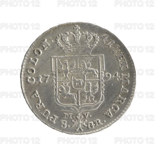 2 gold crown coins of Stanislaw August Poniatowski (King of Poland; 1732–1798), 1794. Obverse: head of Stanislaw August, inscription around rim: STANISLAUS AUG. D G REX POL. MDL; pearl border. Reverse: under a crown, a five-field coat of arms with Poland (eagle), Lithuania (Pogon) and the Poniatowski family coat of arms (Ciolek); date 17 - 94 at sides; below the shield on a ribbon the Order of the White Eagle, with letters M. - V. and 8. - GR. at sides; inscription around rim: 41 3/4 EX MARCA PURA COLON; pearl border; decorative edge. Coin(s): Warsaw, Polish–Lithuanian Commonwealth (1569–1795); diameters 29.0 mm and 30.0 mm; weight 9.30 g.
