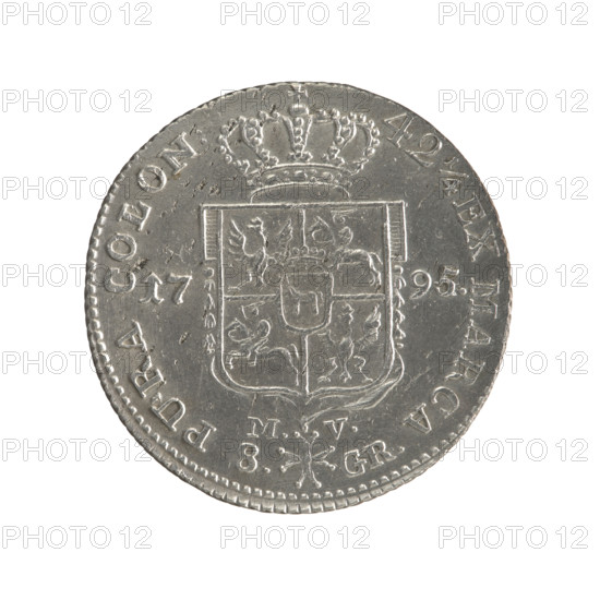 2 gold crown coins of Stanislaw August Poniatowski (King of Poland; 1732–1798), 1795. Obverse: Head of Stanislaw August, inscription around rim: STANISLAUS AUG.DGREX POL.MDL; pearl border. Reverse: Under a crown, a five-field coat of arms with Poland (Eagle), Lithuania (Pogon) and the Poniatowski coat of arms (Ciolek); date 17 - 95 at the sides; below the shield on a ribbon the Order of the White Eagle; on its sides the letters M. - V. and 8. - GR.; inscription around rim: 42 1/4 EX MARCA - PURA COLON:; pearl border; diagonally fluted edge. Polish-Lithuanian Commonwealth (1569–1795), Warsaw, Poland. Coin diameters: 29.0 mm and 29.3 mm; weight 9.29 g.