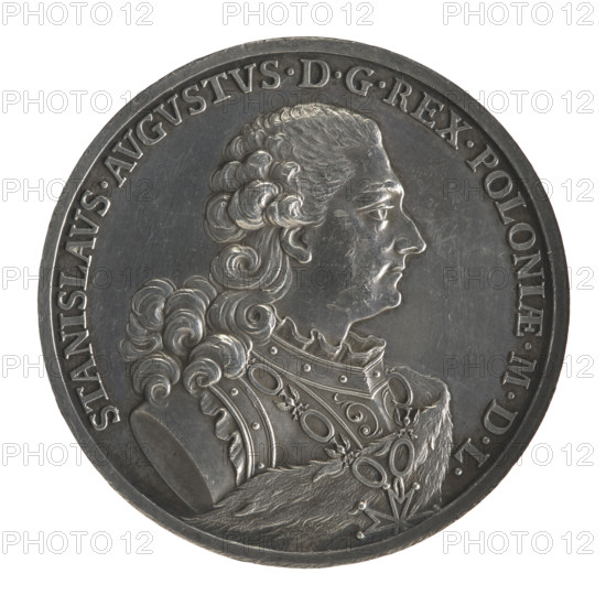 Crown trial thaler, engraved by Johann Kaspar Mörikofer (1738–1800) for Stanislaw August Poniatowski (King of Poland; reign 1764–1795). Obverse: Bust of Stanislaw August facing right in armor, wearing an ermine cloak and the Order of the White Eagle; around, divided at the bottom, inscription STANISLAVS.AVGVSTVS.DGREX.POLONIAE.MDL; continuous border. Reverse: Under a crown, a wreath entwined with a sash bearing the motto PRO FIDE - EGE - ET - GREG, a round five-field coat of arms with Poland (Orzel), Lithuania (Pogon) and the Poniatowski coat of arms (Ciolek); below on the sash the Order of the White Eagle; around, double-divided inscription TALERVS POLONICVS. - LXXXIV.FLOR.POL.MARCA. -; above the crown MDCC - LXVI; continuous border. Date: 1766. Place: Polish–Lithuanian Commonwealth (Warsaw, Poland). Medium/function: coin (trial thaler), with mint hallmark. Diameter 41.8 mm; weight 27.25 g.