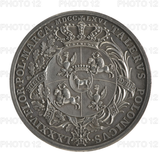 Crown trial thaler, engraved by Johann Kaspar Mörikofer (1738–1800) for King Stanislaw August Poniatowski (King of Poland; reign 1764–1795). Obverse: Bust of Stanislaw August facing right in armor, wearing an ermine cloak and the Order of the White Eagle; inscription around, divided at bottom: STANISLAVS.AVGVSTVS.DGREX.POLONIAE.MDL; continuous border. Reverse: Under a crown, in a wreath entwined with a sash bearing the motto PRO FIDE - EGE - ET - GREG, a round five-field coat of arms with the arms of Poland (Orzel), Lithuania (Pogon) and the Poniatowski coat of arms (Ciolek); below on the sash the Order of the White Eagle; double-divided inscription around: TALERVS POLONICVS. - LXXXIV.FLOR.POL.MARCA. - with date MDCC-LXVI above the crown; continuous border. Dated 1766, Polish–Lithuanian Commonwealth; mint: Warsaw, Poland. Coin (trial thaler), mint hallmark; diameter 41.8 mm; weight 27.25 g.