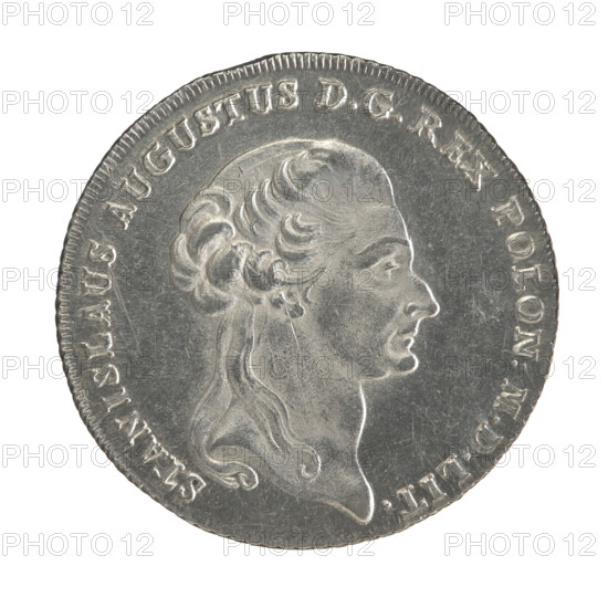 Crown thaler of Stanislaw August Poniatowski (King of Poland; 1732–1798), 1794. Obverse: Head of Stanislaw August turned to the right, around the inscription divided at the bottom: 'STANISLAUS AUGUSTUS DG REX POLON:MDLIT.' — pearl border. Reverse: Under the crown, decorated with an oak and laurel branch, a five-field coat of arms with the coats of arms of Poland (Orzel), Lithuania (Pogon) and the Poniatowski coat of arms (Ciolek); on the sash the Order of the White Eagle; on the sides: '6. - ZL.'; around the inscription divided twice: '14 1/12 EX MARCA PUR: - COLONIENS: 1794.' — pearl border; diagonally fluted edge. Polish–Lithuanian Commonwealth (1569–1795), Warsaw, Poland. Coin: diameter 38.3–39.0 mm; weight 24.19 g.