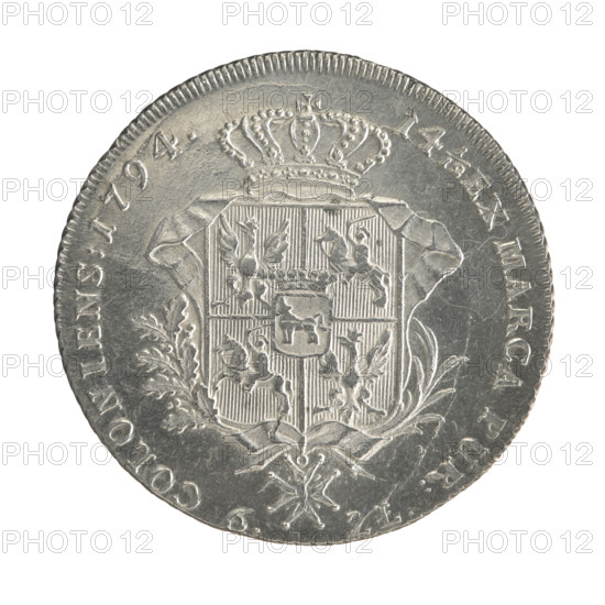 Crown thaler, Stanislaw August Poniatowski (King of Poland; 1732–1798). Obverse: Head of Stanislaw August turned to the right, around inscription divided at the bottom: STANISLAUS AUGUSTUS D G REX POLON: MDLIT. — pearl border. Reverse: Under a crown, decorated with an oak and laurel branch, a five-field coat of arms with the coats of arms of Poland (Orzel), Lithuania (Pogon) and the Poniatowski coat of arms (Ciolek); below on the sash the Order of the White Eagle; on the sides: 6. — ZL.; around the inscription divided twice: 14 1/12 EX MARCA PUR: — COLONIENS: 1794. — pearl border; diagonally fluted edge. 1794, Polish–Lithuanian Commonwealth (1569–1795), Warsaw, Poland. Coin; diameter 38.3–39.0 mm; weight 24.19 g.