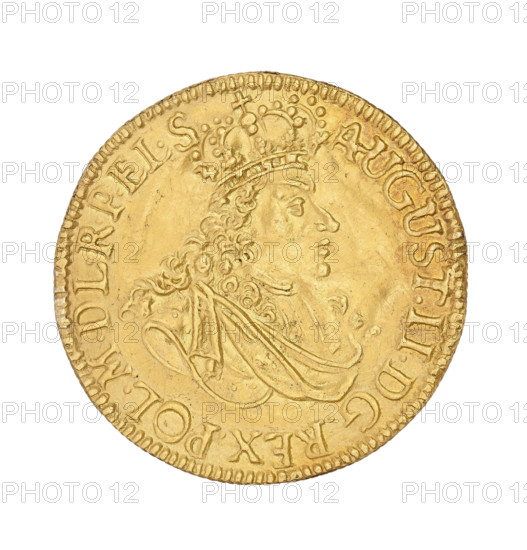Torun ducat, August II the Strong (King of Poland; 1697–1706, 1709–1733), August II the Strong (King of Poland; 1670–1733). Obverse: bust of the king with a crown in right profile. Legend: AUGUST. II. DGREX. POL.MDLRPEL.S. Reverse: coat of arms of the city of Torun, on the sides the date 17-02, inscription in note: *MONETA:AUREA.CIVIT. THORUNENSIS. 1702. Polish coin, Torun. Weight 3.17 g, axis 30 degrees.