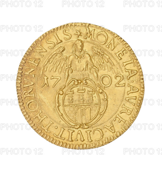 Torun ducat, August II the Strong (King of Poland; 1697–1706, 1709–1733), August II the Strong (King of Poland; 1670–1733). Obverse: bust of the king with a crown in right profile. Legend: AUGUST. II. DGREX. POL.MDLRPEL.S. Reverse: coat of arms of the city of Torun, on the sides the date 17-02, inscription in field: *MONETA:AUREA.CIVIT. THORUNENSIS. Date: 1702. Poland, Torun. Coin, weight 3.17 g, axis 30 degrees.