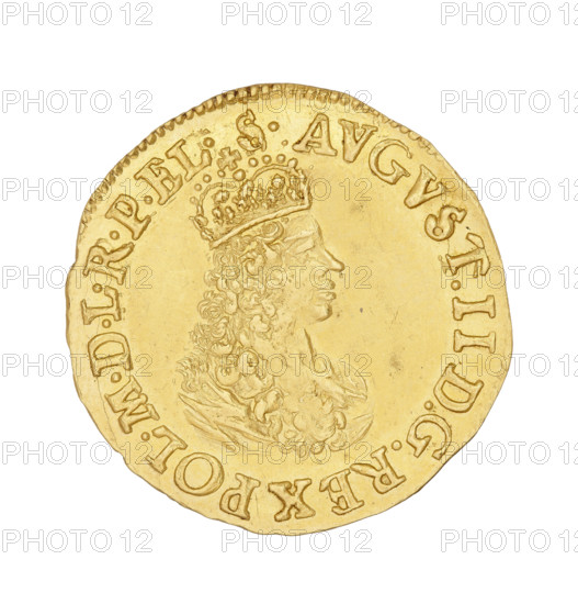 Gdansk ducat, Augustus II the Strong (King of Poland; 1697–1706, 1709–1733), Augustus II the Strong (1670–1733). Obverse: Crowned bust of Augustus II, turned right; inscription around the rim: AVGVST.II DGREX POL.MDLREL.S. Reverse: In the circumference a shield with the coat of arms of Gdansk held by lions; under the shield a decorative base; above the shield a wreath with three flowers dividing the rim inscription at the top: MON.AUREA CIVITAT.GEDAN.1698. Date: 1698. Poland, Gdansk. Coin. Diameter 24 mm; weight 3.44 g; axis 0°.