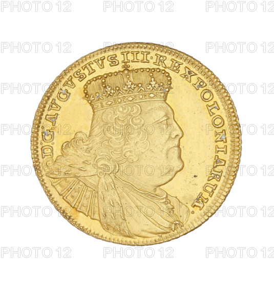 Crown Augustus; maker: Croll, Ernest Dietrich (fl. 1753–1763); subject: Augustus III Sas (King of Poland; Elector of Saxony; 1696–1763); type: thaler (Polish coin), 1755; place: Leipzig, Germany. Obverse: Crowned bust of the king in right profile. Legend: D:G: AUGUSTUS III.REX POLONIARUM. Reverse: Under a crown, a five-field shield with the Polish, Lithuanian, and Saxon coats of arms; below, the initials EC and the value 5.TH. Inscription: SAC.ROM.IMP.ARCHIM.ET ELECT. Diameter 25 mm; weight 6.66 g.