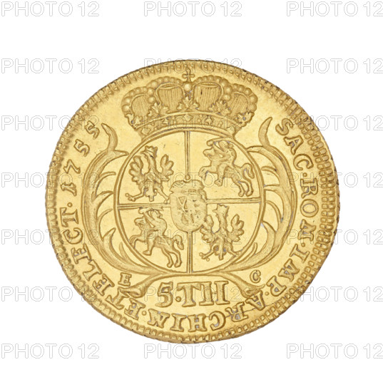 Crown Augustus; maker: Ernest Dietrich Croll (fl. 1753–1763); subject: Augustus III Sachsen (King of Poland; Elector of Saxony; 1696–1763); type: thaler (coin), 1755; place: Leipzig; material: presumably silver; diameter 25 mm; weight 6.66 g. Obverse: Crowned bust of the king in right profile. Legend: D:G: AUGUSTUS III.REX POLONIARUM. Reverse: Under a crown, a five-field shield with the Polish, Lithuanian, and Saxon coats of arms; below the initials EC and the value 5.TH. Inscription: SAC.ROM.IMP.ARCHIM.ET ELECT.1755.